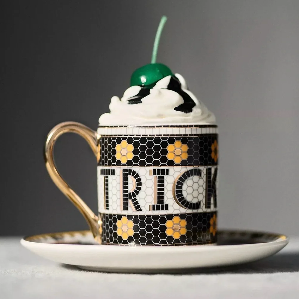 NEW Anthropologie The Bistro Tile Stoneware Espresso Cup: Halloween Edition